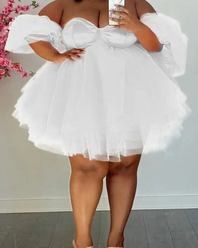Wmstar Plus Size Sexy V-Neck Mesh Mini Dress in white, perfect for parties, featuring voluminous tulle and an elegant design.