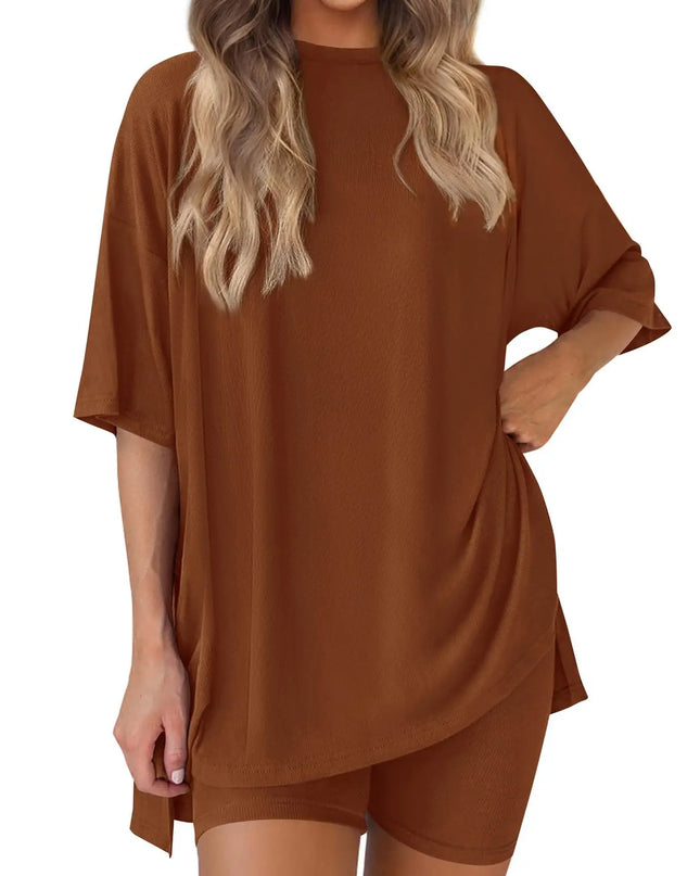 Women's Casual Loose Solid Color Short Sleeve Shorts Set with Pockets | Two Piece Loungewear Outfit 2025