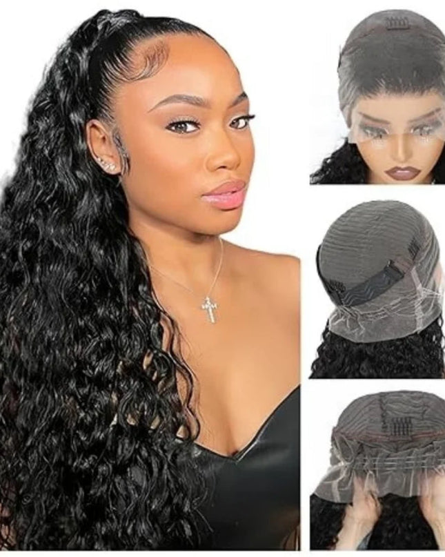 Woman with long black wavy hair and close-up shots of a wig cap and lace front wig.