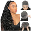 Woman with long black wavy hair and close-up shots of a wig cap and lace front wig.