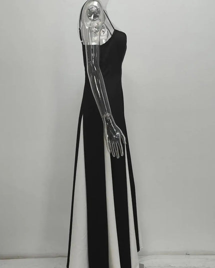 Fashion Sling Color Contrast Evening Party Dress showcasing V-neck, off-shoulder design with black and white color contrast.