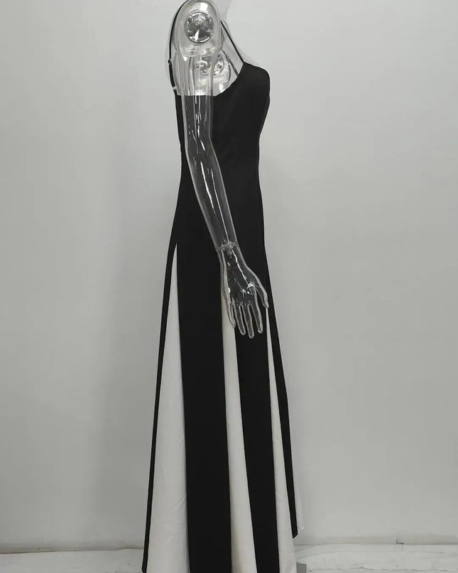 Fashion Sling Color Contrast Evening Party Dress showcasing V-neck, off-shoulder design with black and white color contrast.