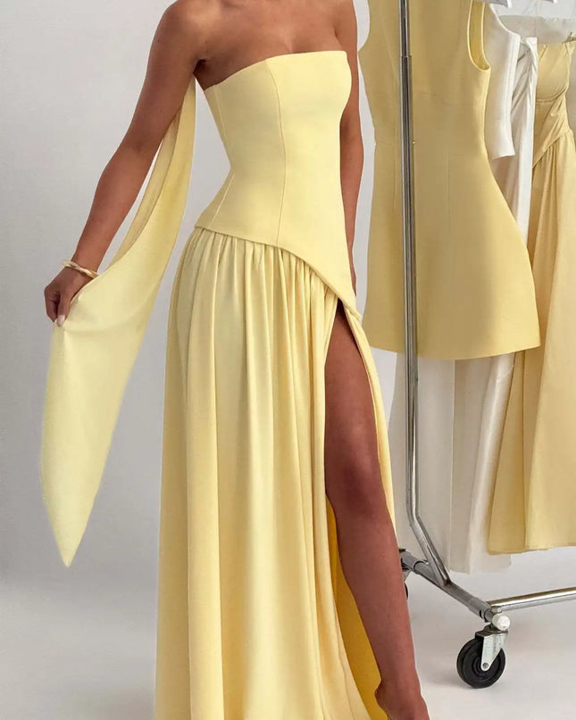 2025 Summer Strapless Satin Backless Pleated Long Dress