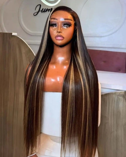 Straight honey blonde highlight ombre wig on display, showcasing vibrant tones and a natural look.