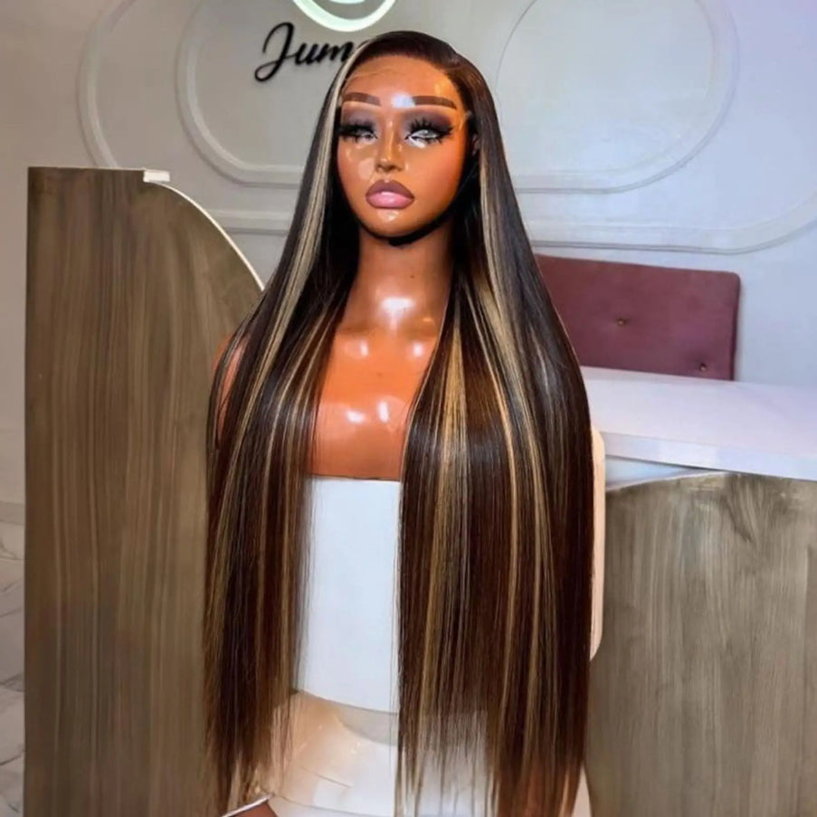 Straight honey blonde highlight ombre wig on display, showcasing vibrant tones and a natural look.