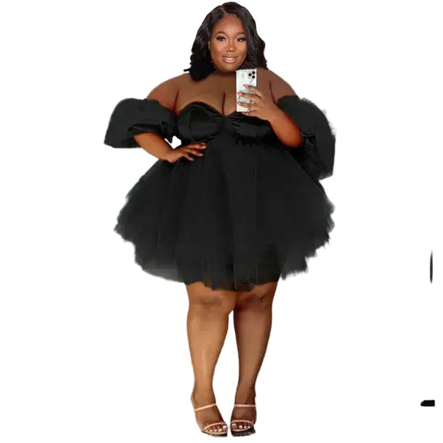 Wmstar Plus Size Sexy V-Neck Mesh Mini Dress in black, perfect for parties and evening wear, available up to 5XL.