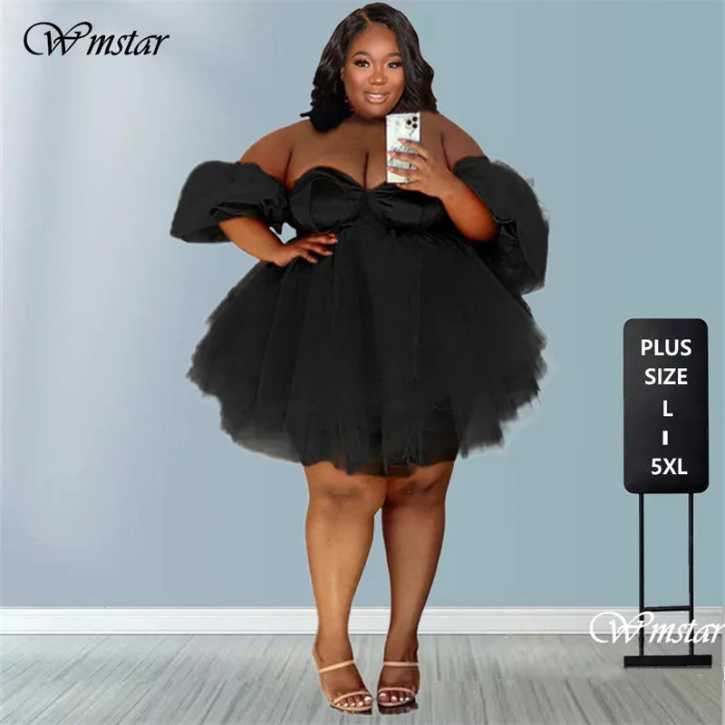 Wmstar Plus Size Sexy V-Neck Mesh Mini Dress in black, perfect for parties and evening wear, available up to 5XL.
