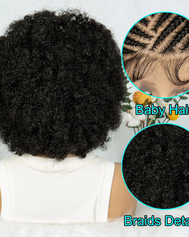 Close-up of a wig with curly hair and detailed views of 'Baby Hair' and 'Braids Details'.