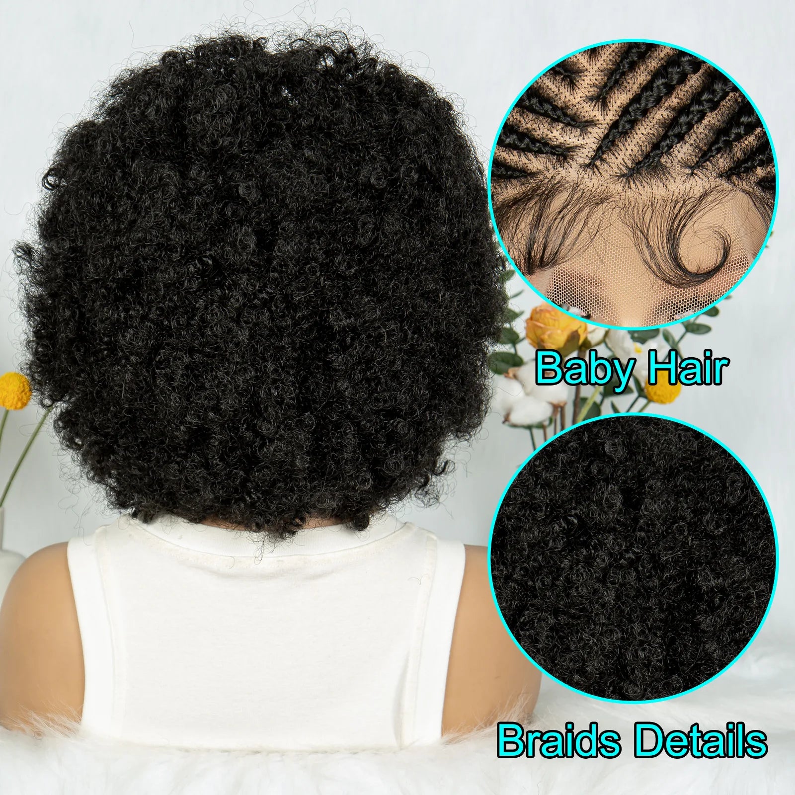 Close-up of a wig with curly hair and detailed views of 'Baby Hair' and 'Braids Details'.