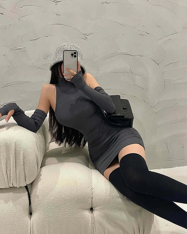 Summer High Neck Bodycon Dress | Oversleeve Tight Fit Wrapped Hip Dres