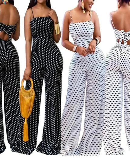 Black and white polka dot jumpsuits worn by models on a white background