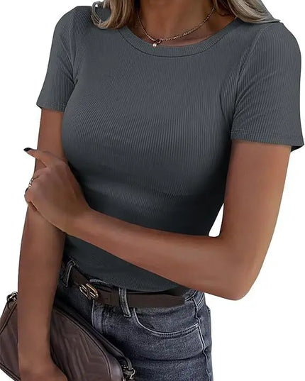 European and American new women's long sleeved elastic round neck ribbed T-shirt slim fit casual basic top