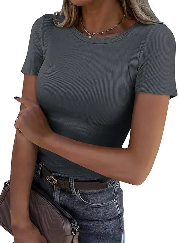 European and American new women's long sleeved elastic round neck ribbed T-shirt slim fit casual basic top