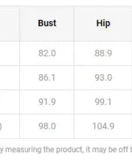 Measurement chart for clothing sizes with dimensions in centimeters