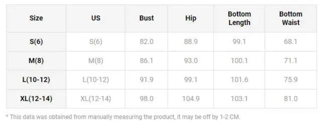 Measurement chart for clothing sizes with dimensions in centimeters