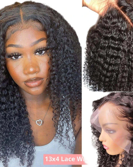 Woman with styled hair, close-up of hair texture, and side view of wig with '13x4 Lace Wig' text.