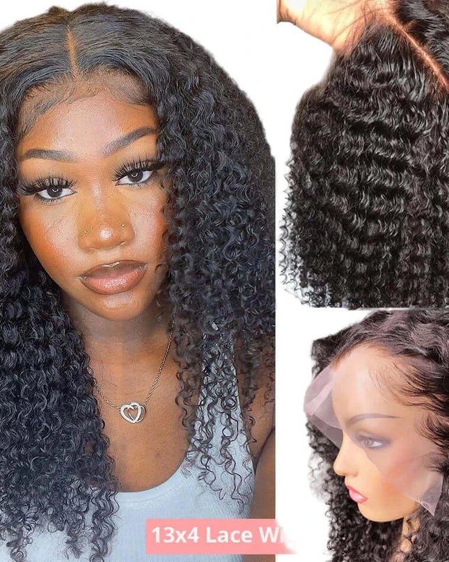 Woman with styled hair, close-up of hair texture, and side view of wig with '13x4 Lace Wig' text.