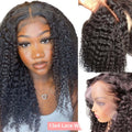 Woman with styled hair, close-up of hair texture, and side view of wig with '13x4 Lace Wig' text.