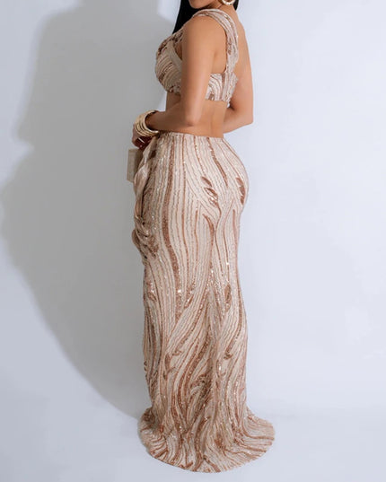 Sexy one-shoulder sequin evening dress in shimmering gold fabric, perfect for summer parties and proms.