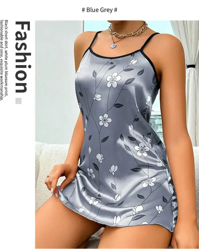 Women's Sleepdress Satin Floral Print Nightdress Comfortable Spaghetti Strap Sleepwear Dress Luxurious Satin Slip Nightdress