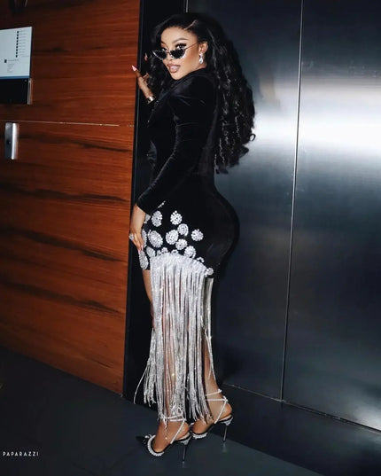 Sexy party dress with deep V neckline, beading, tassels, and full sleeves; custom made prom dresses in velvet black.