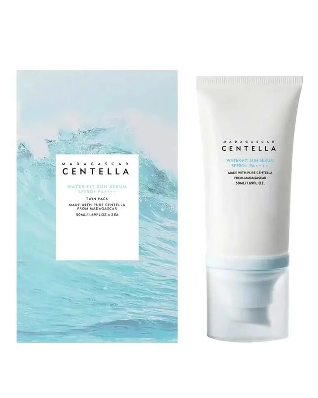 Korean sunscreen tube with packaging, featuring Centella for moisturizing and skin protection, 50ml.