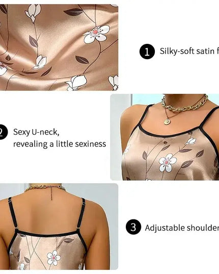 Women's Sleepdress Satin Floral Print Nightdress Comfortable Spaghetti Strap Sleepwear Dress Luxurious Satin Slip Nightdress