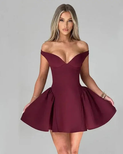 Elegant Off Shoulder Draped V Neck Mini Dress perfect for parties, featuring a sexy A-Line silhouette in burgundy.