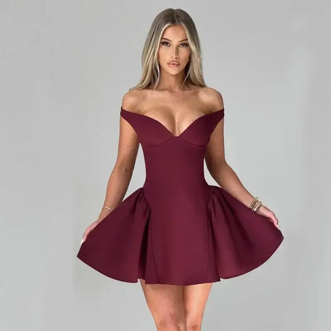 Elegant Off Shoulder Draped V Neck Mini Dress perfect for parties, featuring a sexy A-Line silhouette in burgundy.