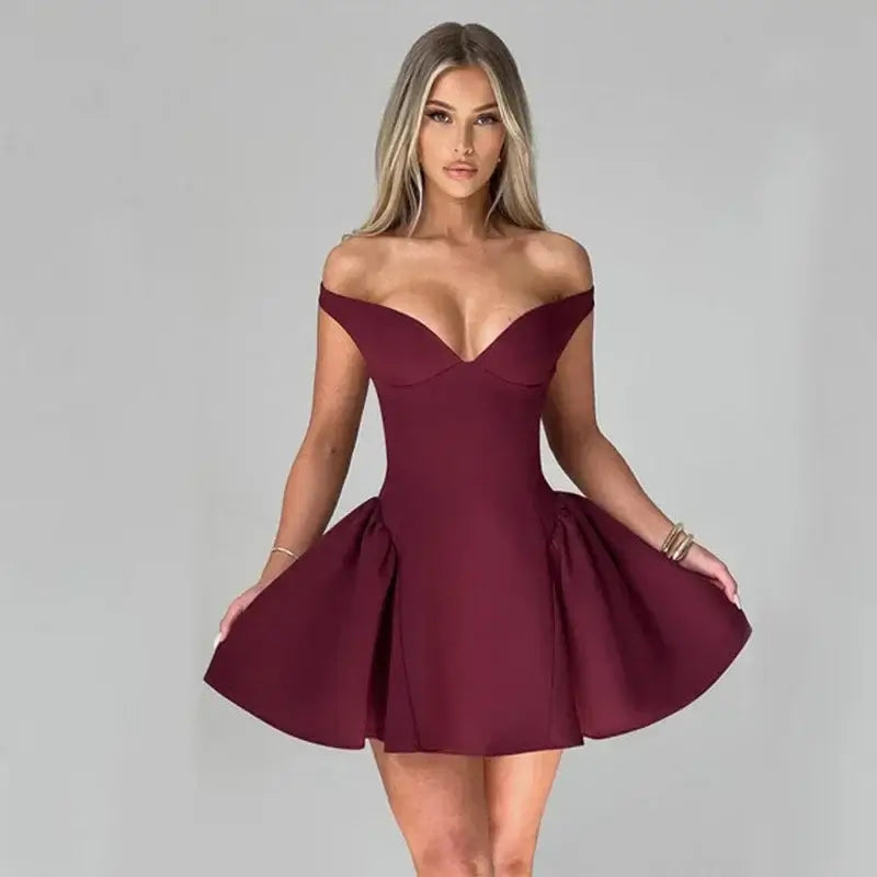 Elegant Off Shoulder Draped V Neck Mini Dress perfect for parties, featuring a sexy A-Line silhouette in burgundy.