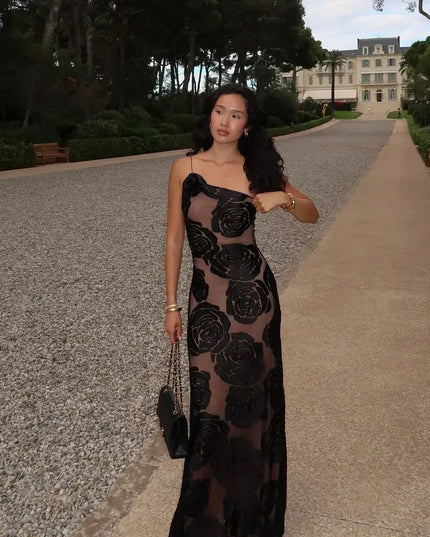 Oligai one shoulder elegant dress, sexy mesh design, perfect for weddings and parties, showcasing floral patterns in style.