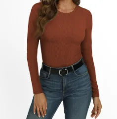 European and American new women's long sleeved elastic round neck ribbed T-shirt slim fit casual basic top