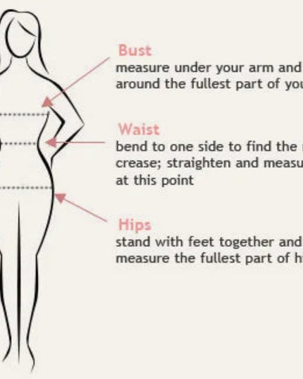Diagram showing how to measure bust, waist, and hips with text labels on a white background.