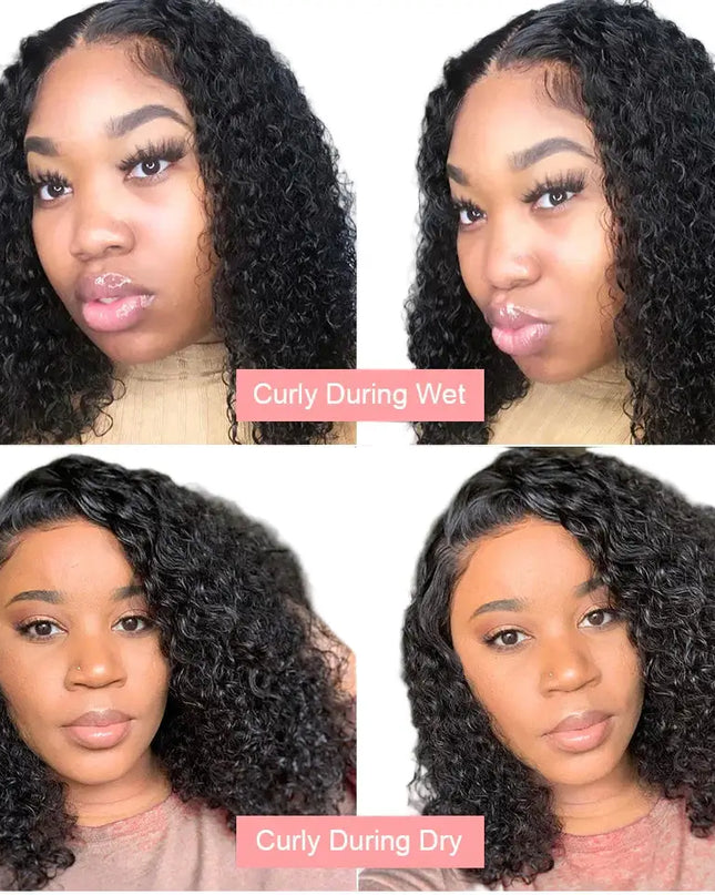 Collage of a woman with curly hair in different states of wetness and dryness.