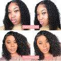 Collage of a woman with curly hair in different states of wetness and dryness.