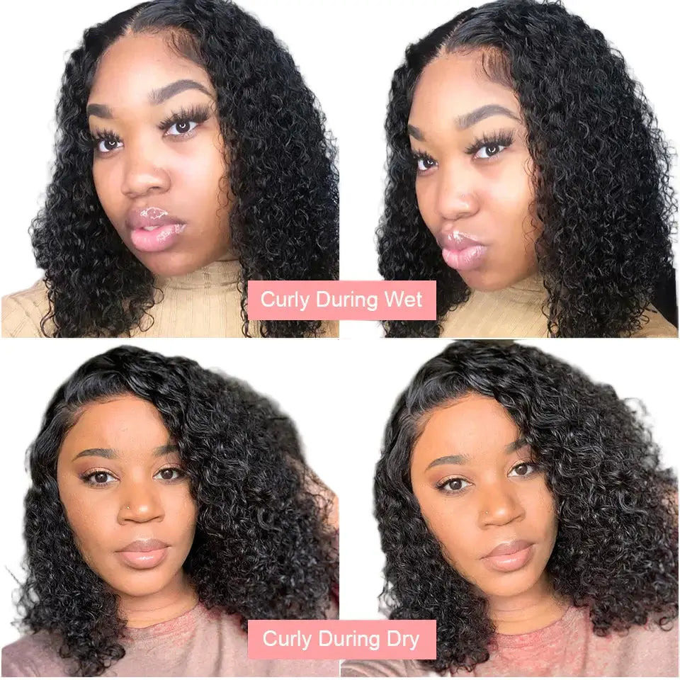 Collage of a woman with curly hair in different states of wetness and dryness.