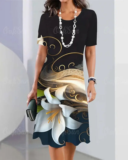 Summer women's dresses 3d floral print featuring a black short sleeve dress with elegant floral design.