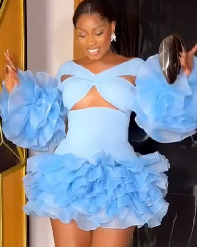 Sexy petal sleeve mini dress in light blue with cutouts and ruffled skirt, perfect for spring occasions.