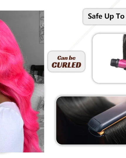 Person with pink hair and hair styling tools with text indicating temperature and styling options.