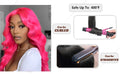 Person with pink hair and hair styling tools with text indicating temperature and styling options.