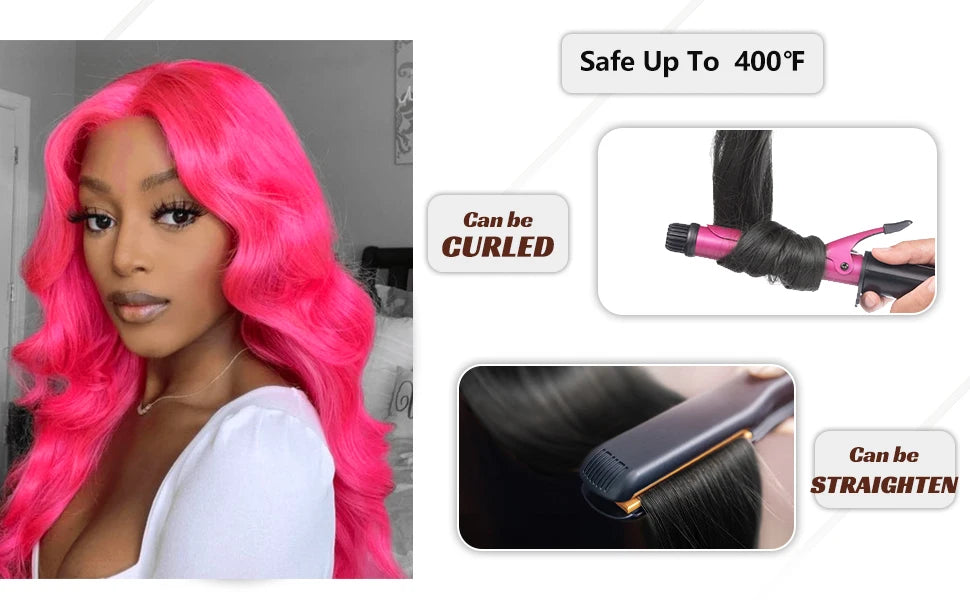 Person with pink hair and hair styling tools with text indicating temperature and styling options.