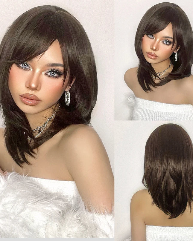 Blonde Synthetic Wigs with Bangs Medium Length Layered Straight Wig Natural Highlight Hair