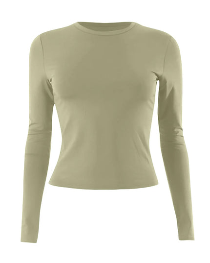 Women's long sleeve crop top in olive green, featuring a slim fit and classic O-neck design.