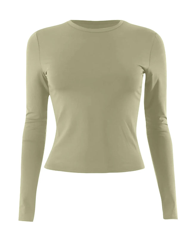 Women's long sleeve crop top in olive green, featuring a slim fit and classic O-neck design.