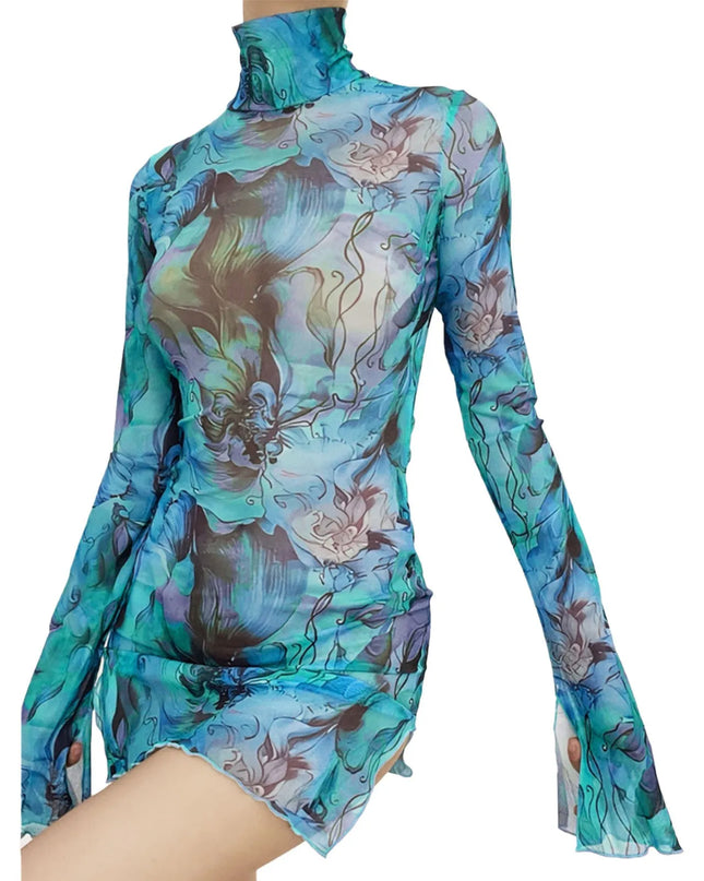 Y2K Mesh Bodycon Dress – Bell Sleeves, Open Hip Design