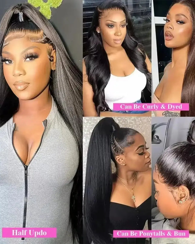 Collage of 40 inch straight human hair wigs showing various styles including half updo and ponytails.