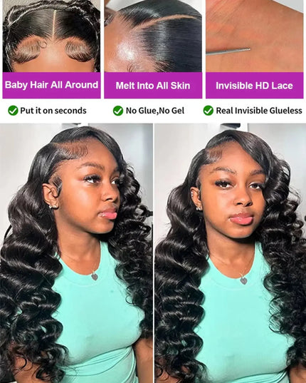Hair product advertisement with a woman wearing styled hair, showing different application methods.