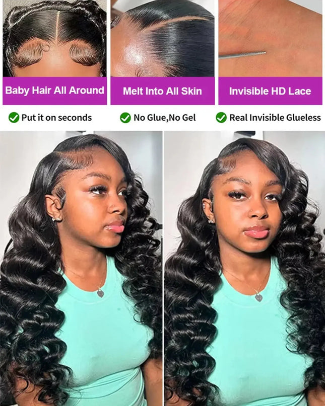 Hair product advertisement with a woman wearing styled hair, showing different application methods.