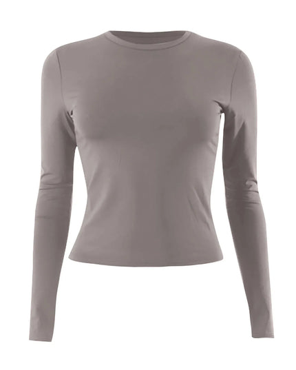womens long sleeve crop top in gray with classic O-neckline and slim fit design