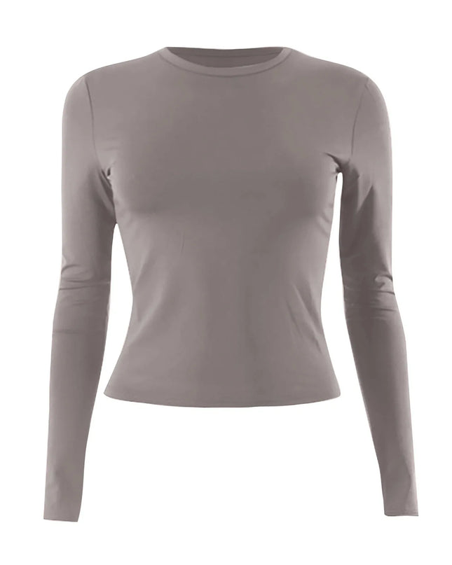 womens long sleeve crop top in gray with classic O-neckline and slim fit design